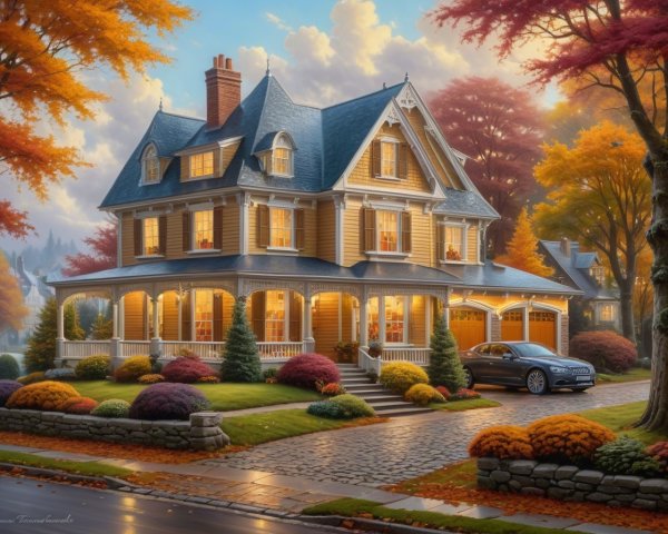Victorian House Surrounded by Autumn Foliage and Decor