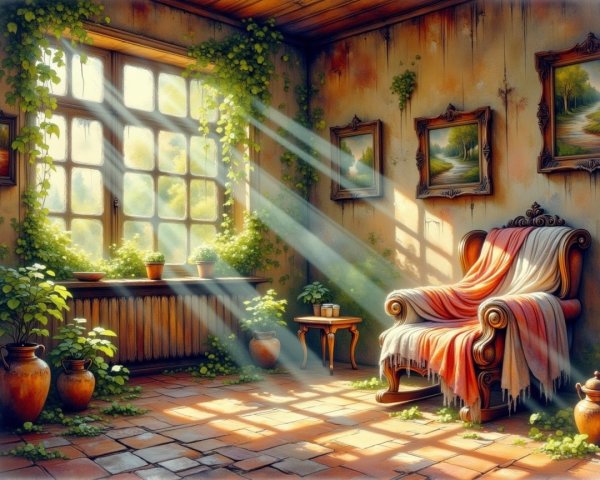 Rustic Sunlit Room with Plants and Cozy Decor