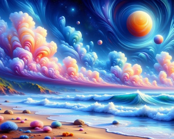 Surreal Beach Scene with Cosmic Sky and Planet