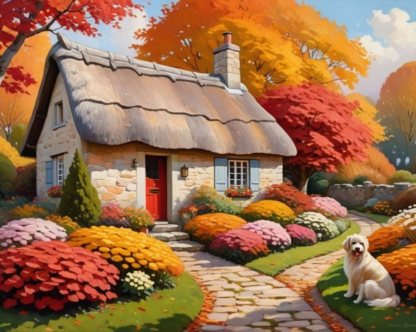 Cozy Thatched-Roof Cottage in Autumn Foliage
