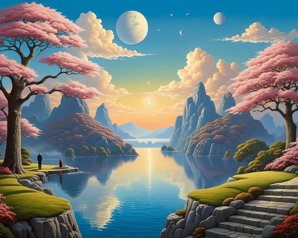 Serene Lake Landscape with Celestial Elements and Mountains