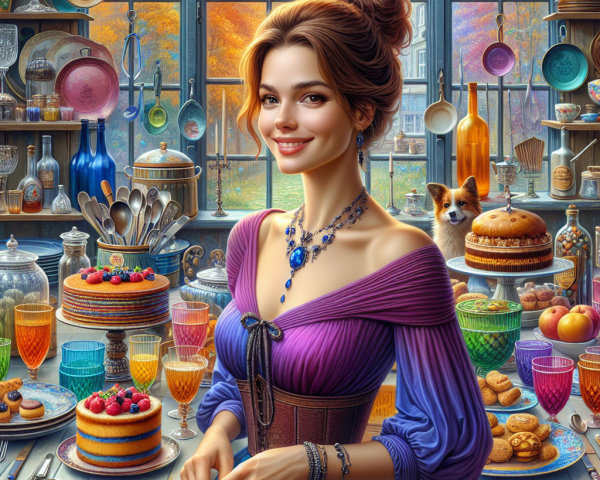 Charming Woman in Colorful Kitchen with Autumn Foliage
