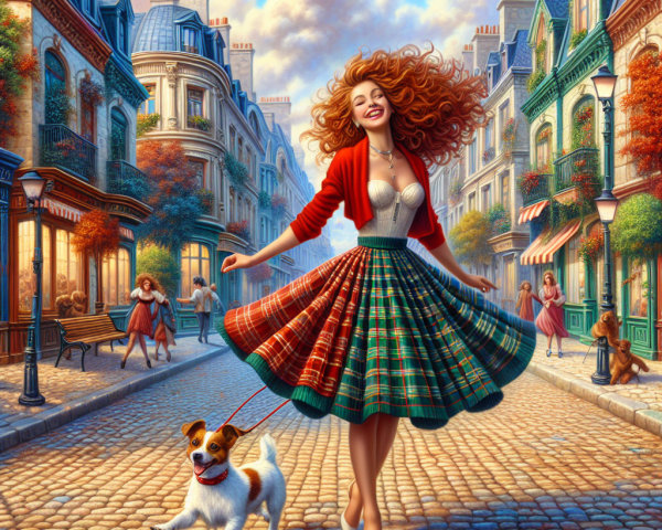 Joyful woman twirling in a vibrant street scene