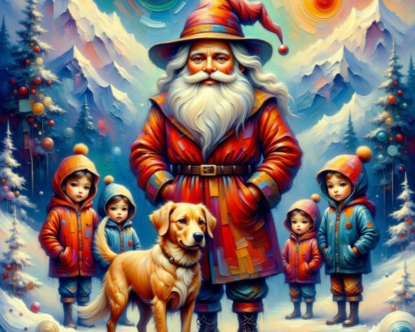 Colorful Winter Scene with Santa and Children