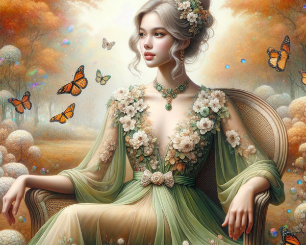 Serene Woman in Floral Gown Surrounded by Nature