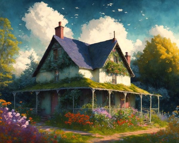Charming Cottage Surrounded by Vibrant Flowers and Greenery