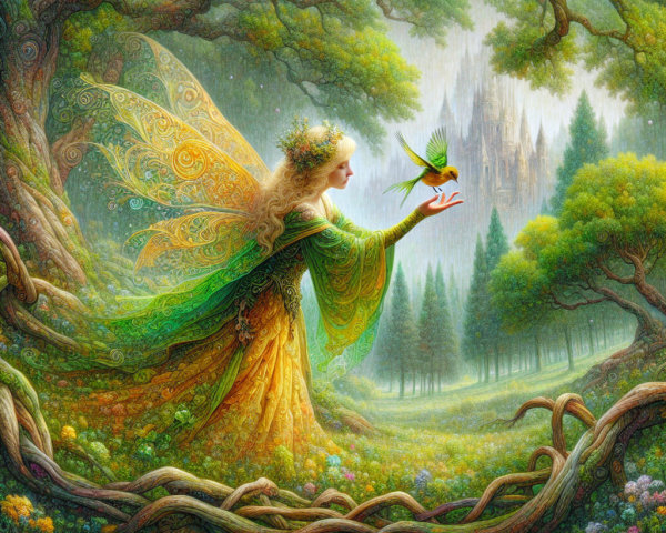 Fairy with Colorful Wings in Enchanted Forest Scene