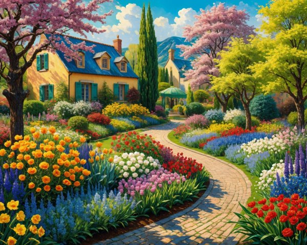 Vibrant Garden Scene with Flowers and Charming House