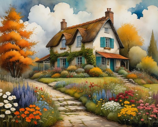 Charming Cottage Surrounded by Vibrant Garden and Trees