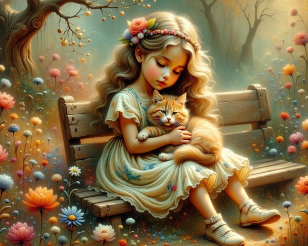Young girl with kitten in an enchanted garden setting