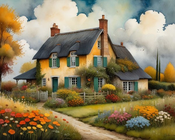 Vibrant Watercolor of a Cottage in a Blooming Garden