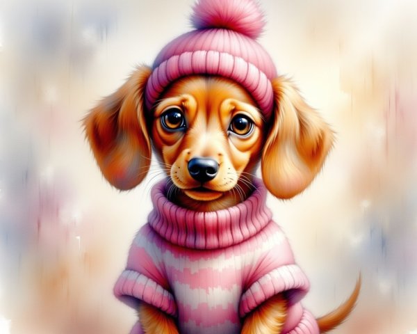 Charming puppy in pink hat and sweater with soft fur