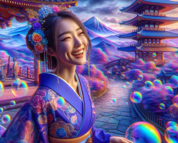 Young Woman in Kimono in Colorful Landscape with Fuji