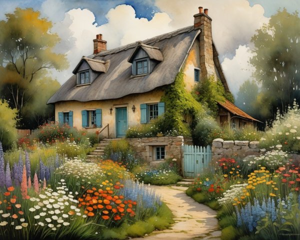 Charming Cottage Surrounded by Colorful Garden Flowers