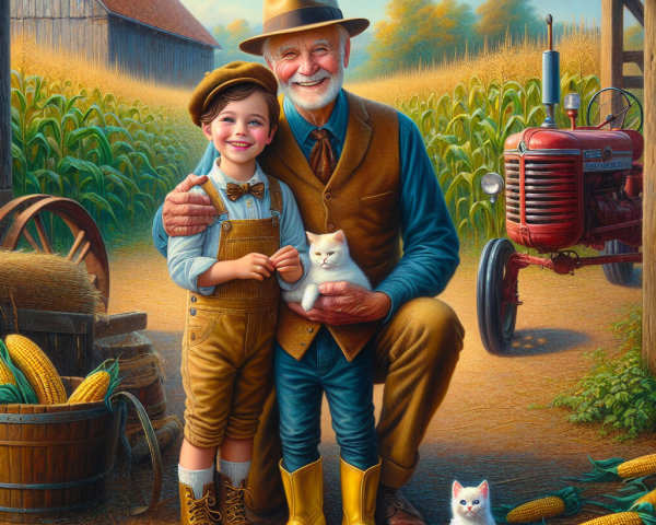 Grandfather and Boy with Kitten on a Farm