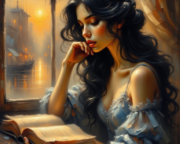 Young woman reading by a window at sunset