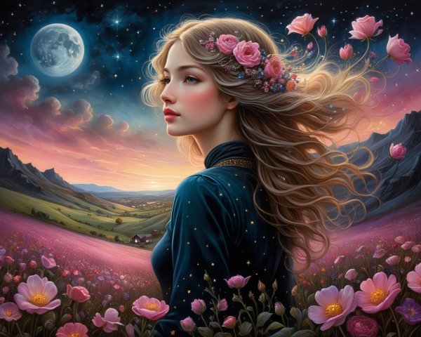 Young Woman in Blue Gown Amidst Pink Flower Field