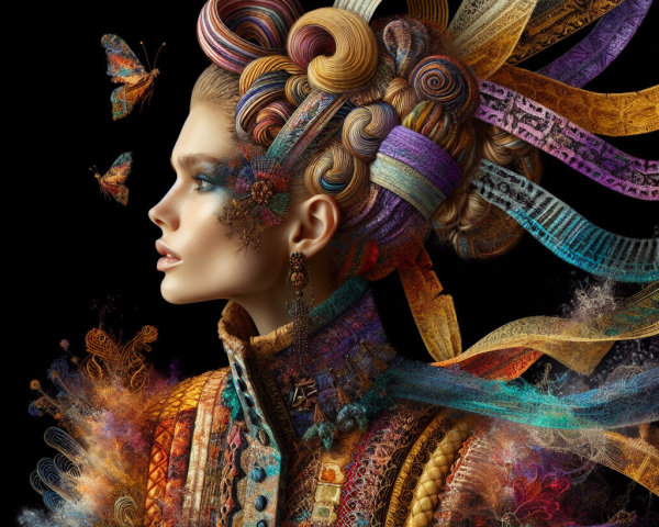 Portrait of a woman with vibrant ribbons and butterflies