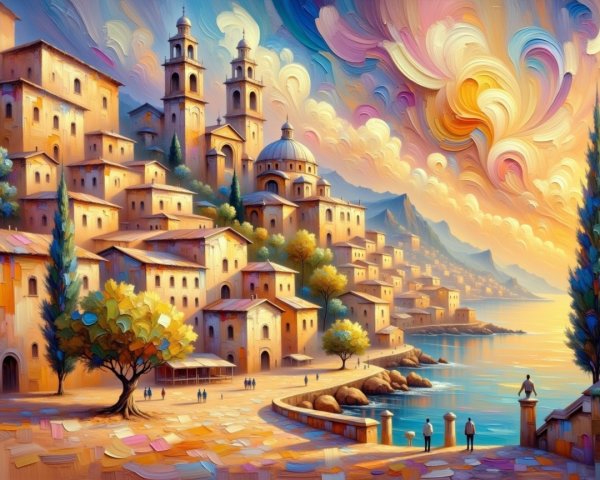 Surreal Coastal Village with Whimsical Architecture