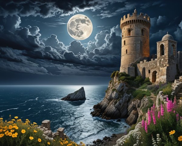 Dramatic Night Scene of Castle on Cliff with Moonlight