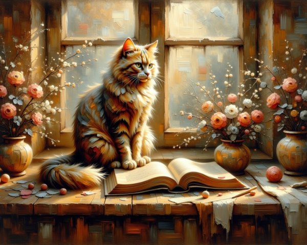 Fluffy Ginger Cat on Windowsill with Flowers and Book