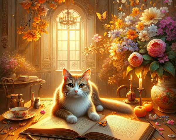 Indoor Scene with Cat, Flowers, and Sunlight