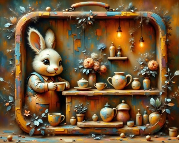 Charming Rabbit in Blue Apron with Teapots and Vases