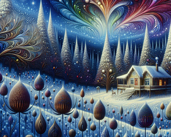 Whimsical Winter Landscape with Cozy Cabin and Colors