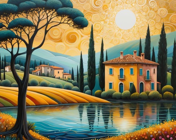 Vibrant Landscape with Serene Lake and Sunset Hues