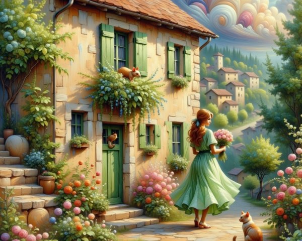 Cottage Surrounded by Gardens and Colorful Sky
