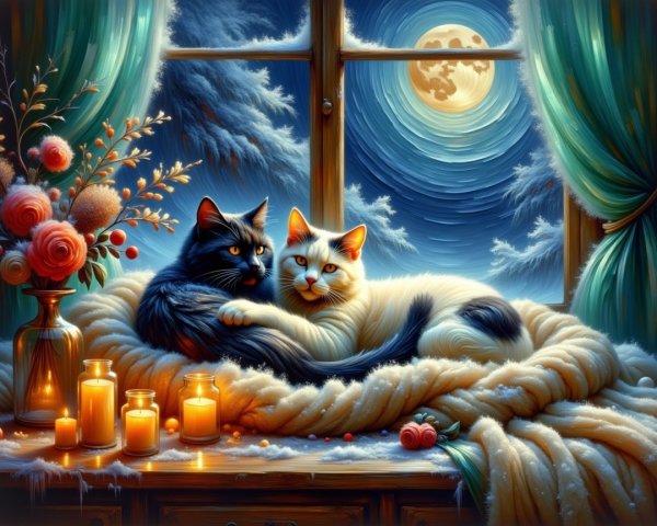 Cozy Night Scene with Cats by Candlelight and Moonlight