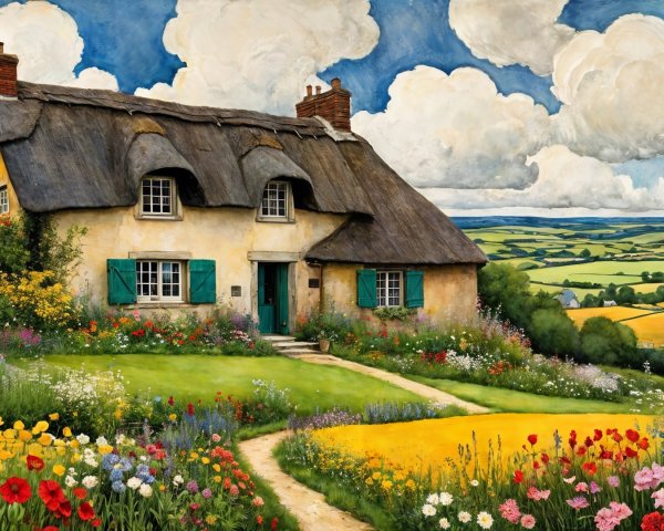 Thatched Cottage Surrounded by Vibrant Wildflowers