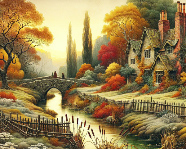 Autumn Landscape with Stone Bridge and Cozy Cottage