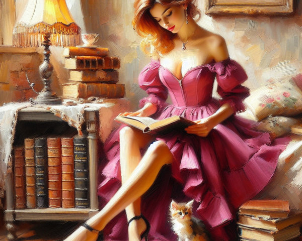 Young Woman in Pink Dress Reading in Cozy Room