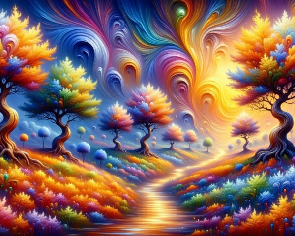 Vibrant Dreamlike Landscape with Swirling Colors