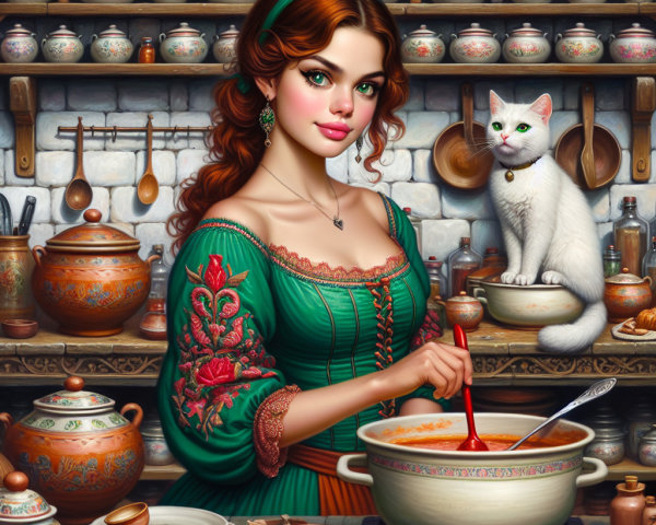 Young woman cooking red stew in a rustic kitchen