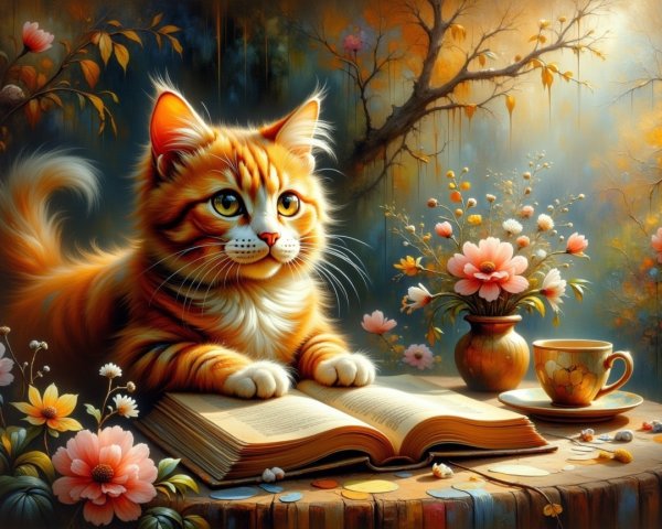 Orange Tabby Cat on Book in Serene Morning Light