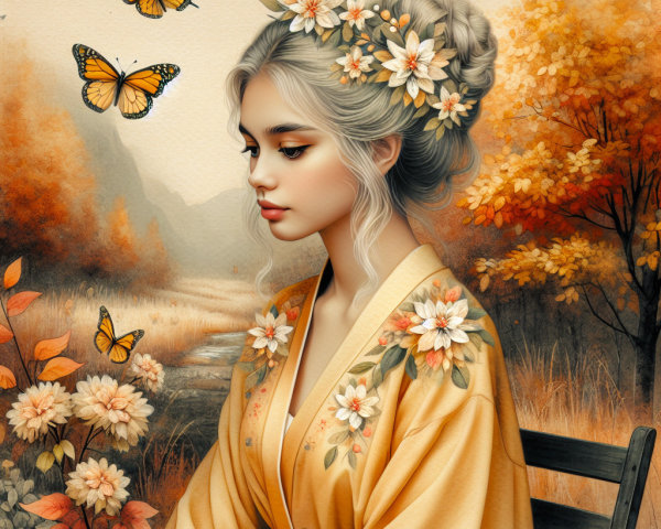 Young woman in floral robe amidst autumn landscape