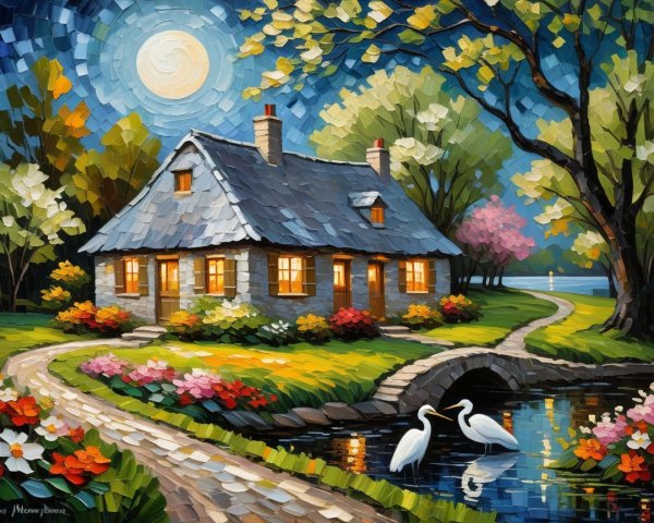 Charming cottage by serene pond with vibrant flowers