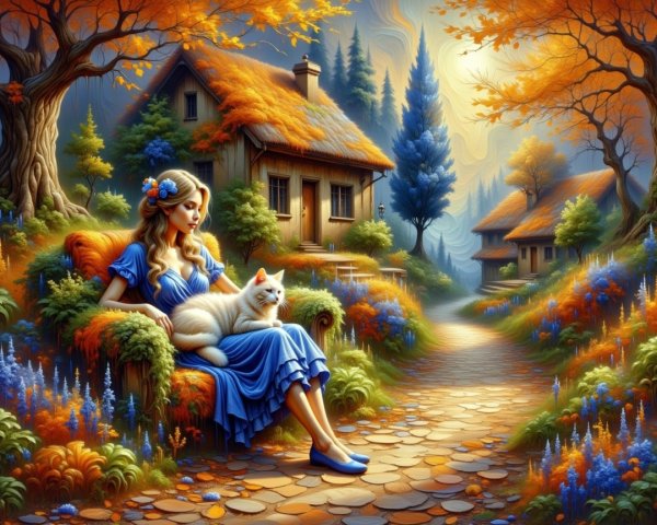 Autumn Scene with Woman, Cat, and Colorful Foliage