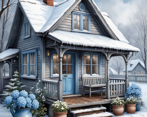 Wooden House in Winter Landscape with Cozy Features