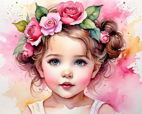 Portrait of a Young Girl with Floral Crown and Pastels