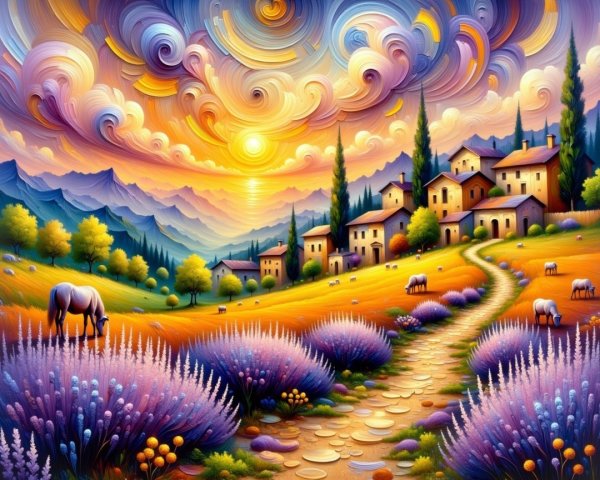 Vibrant Landscape with Sunset and Lavender Fields