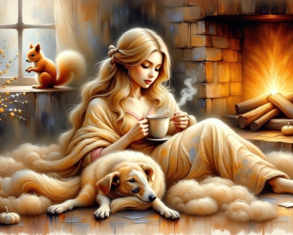 Cozy Room with Woman, Dog, and Squirrel by Fireplace