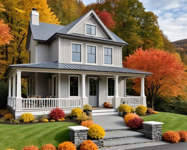 Modern House Surrounded by Autumn Foliage and Flowers