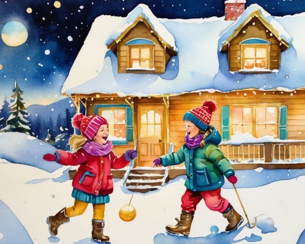 Children Playing in Snowy Winter Landscape