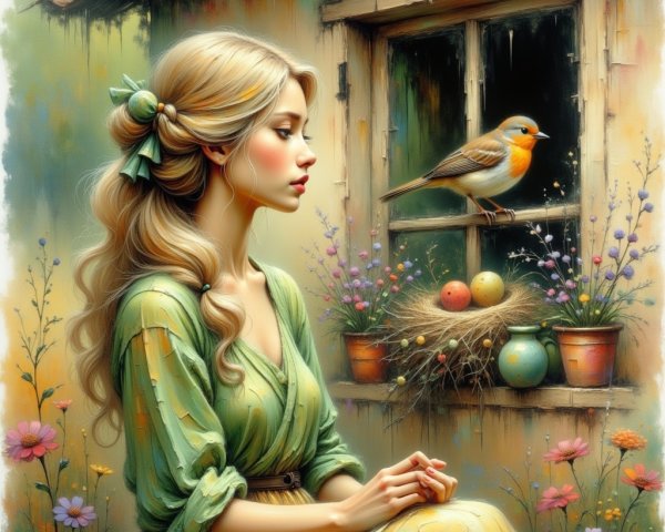 Young Woman by Rustic Window with Flowers and Nest