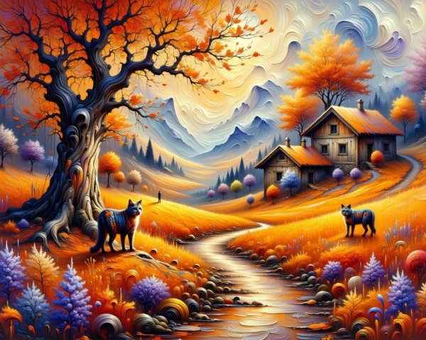 Vibrant Autumn Landscape with Wolves and Mountains
