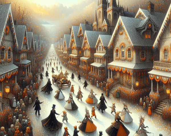 Charming Autumn Street with Festive Decorations and Figures