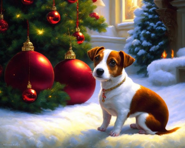 Brown and white dog beside decorated Christmas tree